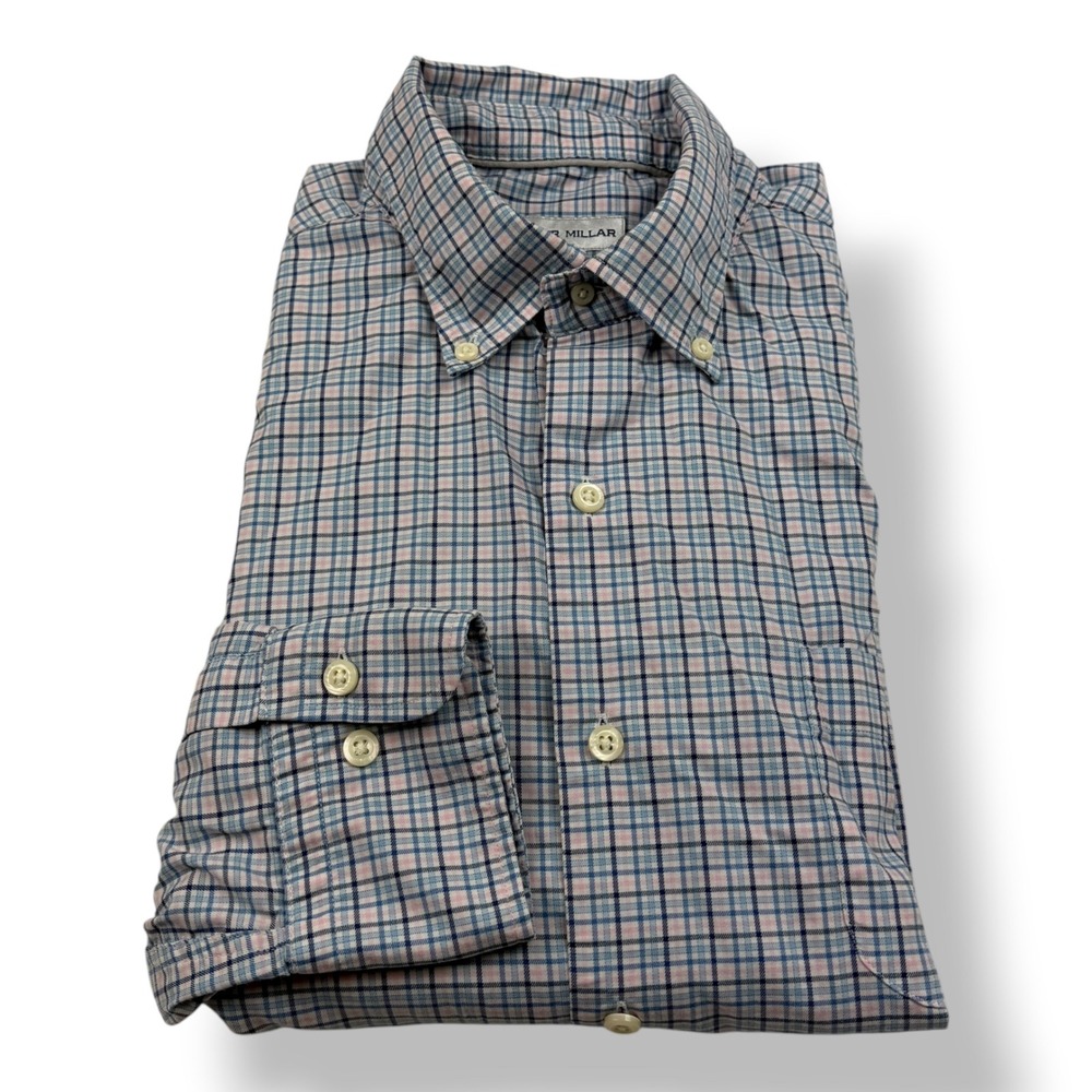 Peter Millar Mens Large Blue Pink Plaid Performance Stretch Button Down Shirt